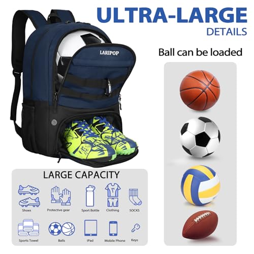 LARIPOP Soccer Backpack with Ball Holder & Shoe Compartment Large Capacity Sports Bag for Training - color: Dark Blue