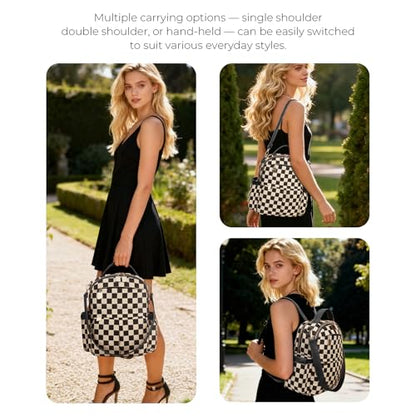 Checkered Backpack Purse Women Plaid Vegan Leather Fashion Travel Bag Large Designer Shoulder Handbag Commuter Brown (Plaid Black) - color: Plaid Black