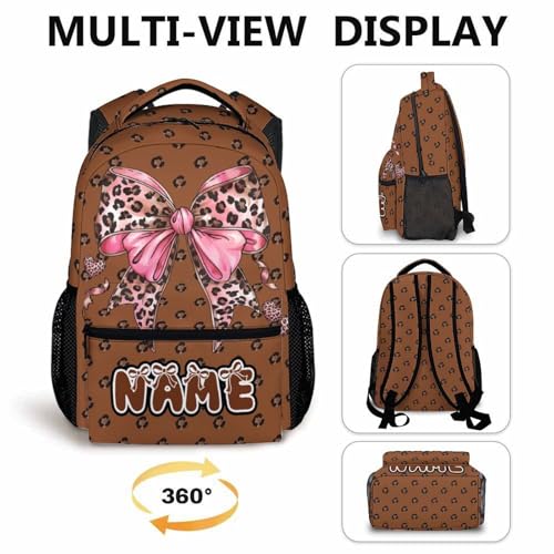 Backpack for Girls Personalized Bow Polka Dot Backpacks, 17 Inch Leopard Print for School Camp Picnic Team - color: Brown