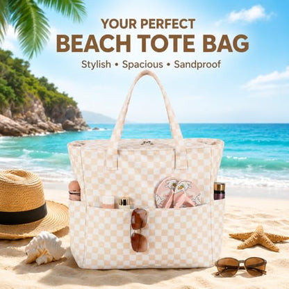 LEDAOU Beach Bag Waterproof Sandproof Women Beach Tote Pool Bag with Zipper for Swim Gym Grocery Travel with Wet Pocket | Sandproof - color: Light Khaki White Checkered