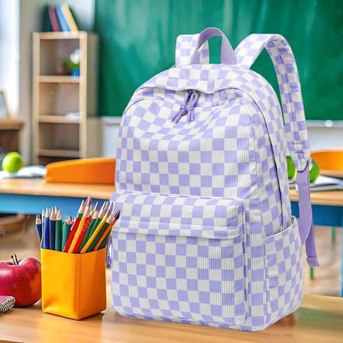 LEDAOU School Backpack for Teen Girls Elementary Middle School Bookbag Kids Backpacks Women Laptop Backpack Travel Daypack - color: Purple Checkered