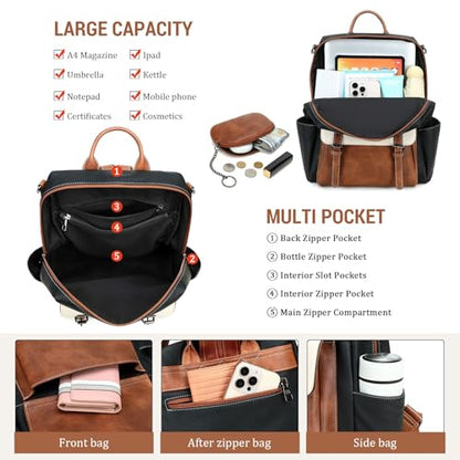 AGLOD Backpack Purse for Women PU Leather Back Packs Designer Ladies Shoulder Bag Fashion Faux Work Travel Handbags - color: Beige--black-brown