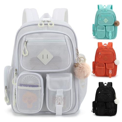 Mesh Backpack Heavy Duty, Semi-Transparent Bag for Women Girls Boys Adults, Large Capacity Bookbag with Padded Straps for School Beach Swimming Sports Travel Work-White - color: White