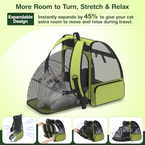 Cat Backpack Carrier for Travel Hiking: Expandable Foldable Breathable Mesh Soft Sided Ergonomic Design Small Dog Puppy Kitty up to 15lbs Camping Outdoor Green