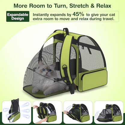 Cat Backpack Carrier for Travel Hiking: Expandable Foldable Breathable Mesh Soft Sided Ergonomic Design Small Dog Puppy Kitty up to 15lbs Camping Outdoor Green