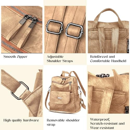 Backpack Purse for Women, Women Backpack Purse Small Leather Waterproof Anti-theft Shoulder Bags Handbags Ladies - color: Khaki