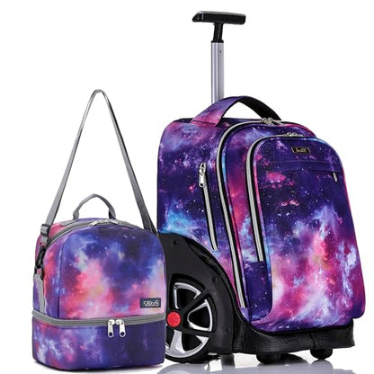 NEW TILAMI 19 Inch Rolling Backpack with Lunch Bag for Girls Boys Wheeled Laptop Backpack Durable Carry-on Bag School Travel, Purple Starry - color: Purple Starry