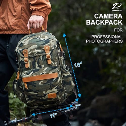Padwa Lifestyle Camouflage Canvas Camera Backpack - Professional DSLR & UAV Camera Bag,Anti Theft Camera Backpack with Rain Cover,Large Capacity Photography Travel Camera Bag with Multi Compartments - color: Camouflage Canvas, style: Canvas Bag Flap