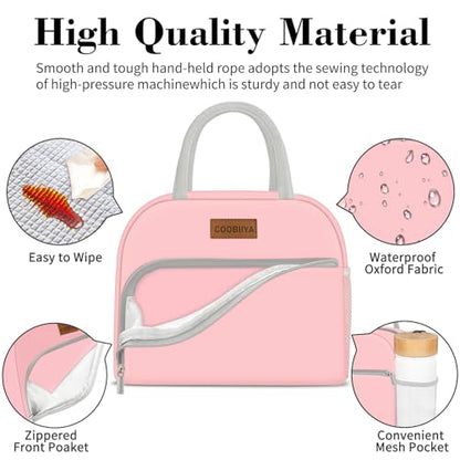 Coobiiya Lunch Bag for Women Men, Insulated Reusable Picnic Bag, 10.8"L x 6.3"W x 8.85"H, Pink - color: Pink