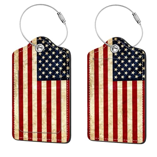 2 Pcs Luggage Tags for Suitcase, Cute Unique PU Leather Travel Bag Tag with Privacy Cover ID Label Address Card and Durable Metal Ring Suitable for Men Women Children Backpack,Flag - color: Flag