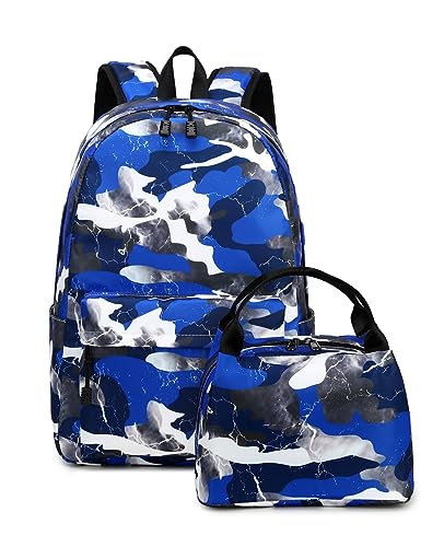 Lmwzh Backpack For Boys Girls Elementary Waterproof teen School Bags Kids Bookbag Lightweight Camo Blue 2PC - color: A-blue
