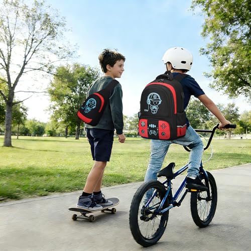 Bevalsa Backpack for School Boys, Cool Luminous Gamer Boys Schoolbag with Sling Bag,Lunch Box & Pencil Case for Kids Children Teens Elementary Middle School(Red Backpack with Shoulder Bag) - color: Red, style: Backpack With Shoulder Bag