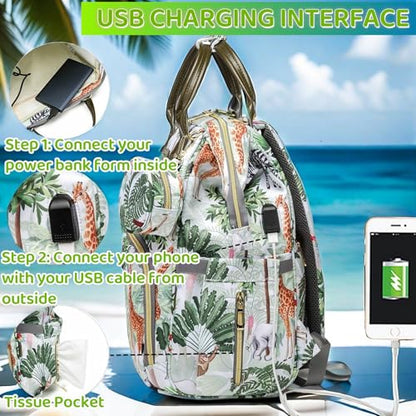 Tropical Rainforest Diaper Bag Backpack,Animal Nappy Backpack with Coin Bag USB Charging Port Stroller Straps and Insulated Pocket For Women/Mom/Travel (Animal Pattern) - color: White