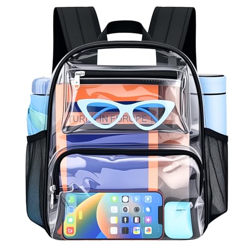 Bagenius Clear Backpack Stadium Approved 12x6x10, Black | Fashion Clear Bag with Reinforced Strap, Water-Resistant for Sports, Concerts, Work & Travel - Transparent PVC Pack - color: Black