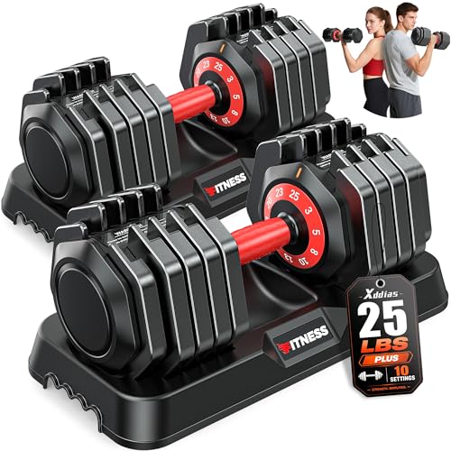 XDDIAS Adjustable Dumbbells Set of 2 for Strength Training, One-Hand Quick Adjust, 25/55/80/90 lbs Options, Anti-Slip Grip Handle, Compact Home Gym Weights for Men Women - color: Plus 10-Level 25LB Pair