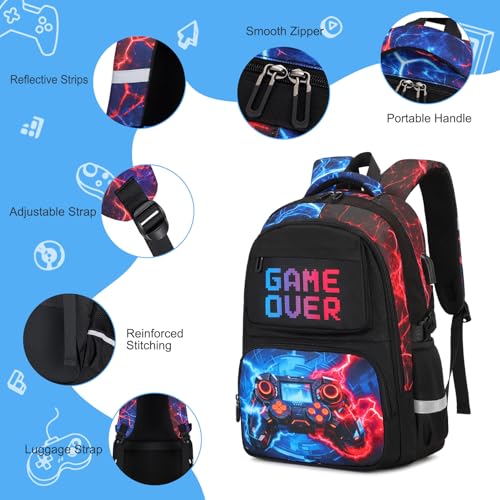 Scothen 3PCS Boys Backpack Set, Cool Backpack for Boys with Lunch Bag & Pencil Case, Kids School Bag Teen Boy Bookbag for Kindergarten Elementary Middle School with USB Charging Port - color: Red & Blue Lightning