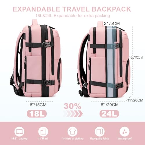 BAGOK Carry On Travel Backpack, Expandable Extra Large Airline Approved,Lightweight Daypack for Men and Women（Pink） - color: B-pink, size: Medium