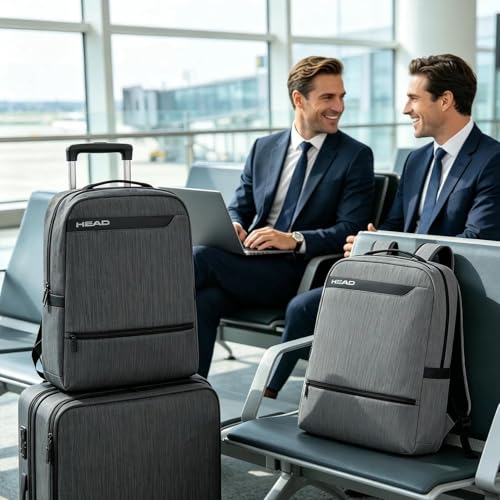 HEAD Business 17.3 inch Laptop Backpack for Men, Waterproof Travel Backpacks with Trolley Sleeve, Large Carry On Business Bag in 8 Pockets, Independent Laptop Compartment Bag for Work/Commute/College - color: Grey