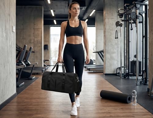 Gym Duffle Bag for Men Women, Waterproof Weekender Overnight Bag with Shoe Compartment and Wet Pocket for Swimming Yoga Travel (Black) - color: Black