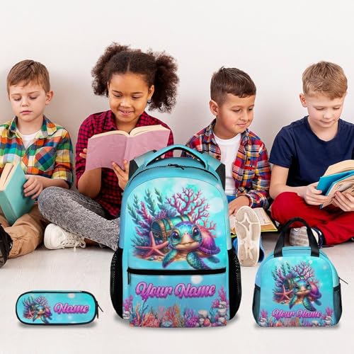 Mercuryelf Custom Girls Backpack Sea Turtle 3PCS Kids Backpack Set with Lunch Bag & Pencil Case, 17 Inch Water Resistant School Bookbag - color: Brown
