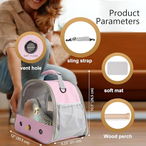 Bird Carrier, Portable Small Bird Parrot Parakeet Carrier with Standing Perch and Stainless Steel Tray, Side Access Window Collapsible (Pink, Clear Windows) - color: Pink