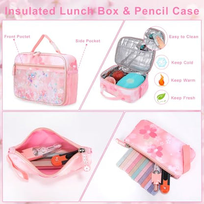 Backpack for Girls 3pcs Set, Kids Backpack for Girls with Lunch Box Pencil Case Set for Teens Elementary Middle School Bags (Pink-3 Pieces Set-1)