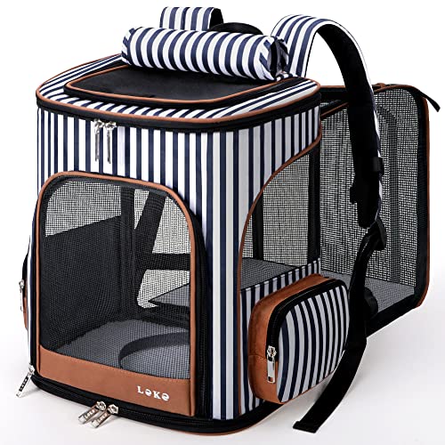 Lekereise Large Cat Backpack Expandable Pet Backpack Carrier for Small Medium Dogs Cats, Dog Carrier Backpack with Breathable Mesh and Inner Safety Leash, Striped - color: Stripes, size: 23.6"L x 13.4"W x 15.0"H