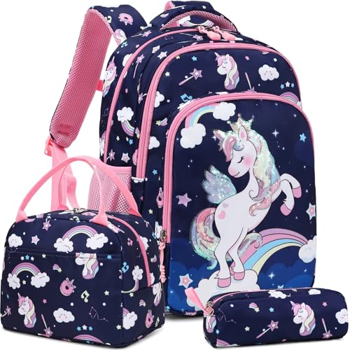 Girls Backpack for Elementary Kids School Bookbag Set Cute Unicorn Backpacks for Girls Water Resistant - color: Angel Unicorn Navy