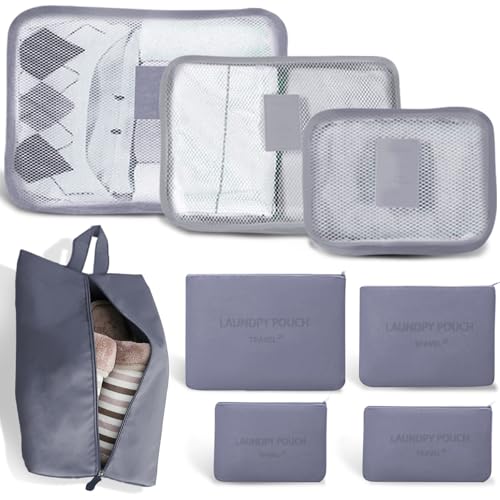 8 Set Packing Cubes for Travel Luggage Packing Bags Reusable Waterproof Suitcase Organizer Cubes Set with Shoe Bag and Toiletry Bag (Grey) - color: Grey