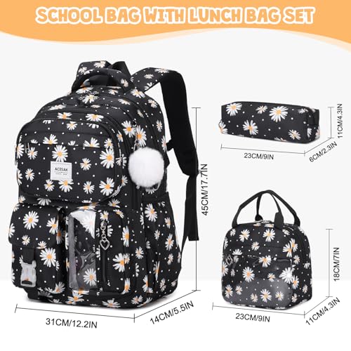 ACESAK Backpack for Girls - Girls Backpack with Lunch Bag & Pencil Pouch for Teen Kids Laptop Backpack for Women, Elementary Middle High School Bookbag Travel Daypack (Black Daisy) - color: Black Daisy