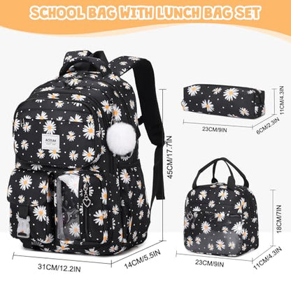 ACESAK Backpack for Girls - Girls Backpack with Lunch Bag & Pencil Pouch for Teen Kids Laptop Backpack for Women, Elementary Middle High School Bookbag Travel Daypack (Black Daisy) - color: Black Daisy