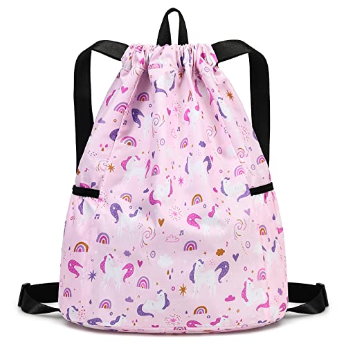 Unicorn Drawstring Back Kids Drawstring Bags Rainbow Gym String Backpack Bulk for Girls Boys Dance Waterproof Nylon Sports Rainbow Unicorn One Size Pink - color: Rainbow Unicorn Pink