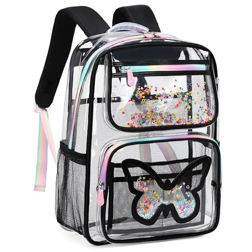 Clear Backpack for School,Large Bookbag Heavy Duty See Through Butterfly Backpacks for Girls Stadium Approved Daypack Transparent Shoulder Bags for Students,Teens,Women,Work,Travel,Concert Black - color: Black