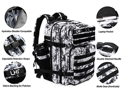 LHI Military Tactical Backpack for Men Molle Daypack 45L Army 3 Days Assault Pack Bag Large Rucksack With Bottle Holder Black and White(12*20*12) - color: 1.2 Black and White