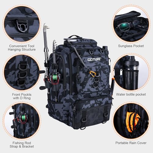 Goture 40L Fishing Tackle Backpack with Cooler and Removable Bait Binder, 900D Water-Resistant Tackle Backpack with 2 Rod Holders, Fishing Bag Storage Gear Tackle Bag with Rain Cover Camouflage - color: Camouflage, size: A - Trays not included