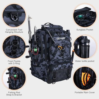 Goture 40L Fishing Tackle Backpack with Cooler and Removable Bait Binder, 900D Water-Resistant Tackle Backpack with 2 Rod Holders, Fishing Bag Storage Gear Tackle Bag with Rain Cover Camouflage - color: Camouflage, size: A - Trays not included