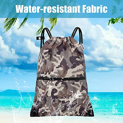 draw string back bag, Large Gym Sports string backpack for men and women with front zipper pocket and inside zipper pocket to keep key or phone (brown camo) - color: Brown Camo, style: Drawstring With Front Pocket