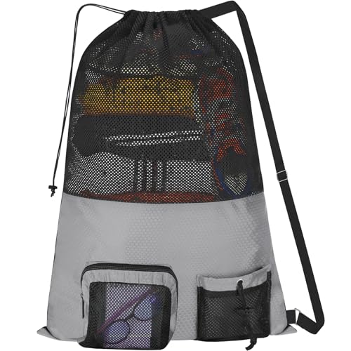 NATURAL STYLE Mesh Drawstring Gym Swim Beach bag, Large Waterproof Pool Sports Backpack for Swimming Gear Workout Yoga Travel - color: Grey