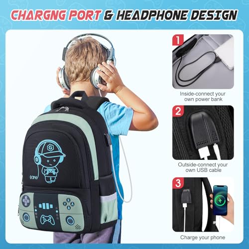 Bevalsa Backpack for School Boys, Cool Luminous Gamer Boys Schoolbag with Lunch Box & Pencil Case Set for Kids Teens Elementary Middle School, Bookbag Glow In The Dark(Green Backpack) - color: Green, style: Backpack