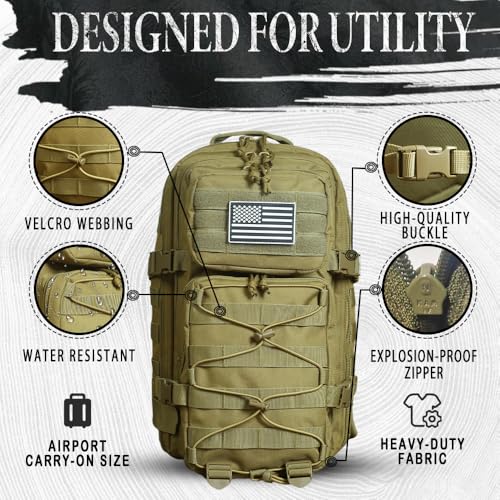 Military Tactical Backpack for Men Army 1 Day Assault Pack Molle Bag Bug Out Bag 26L - color: Khaki, size: 26L