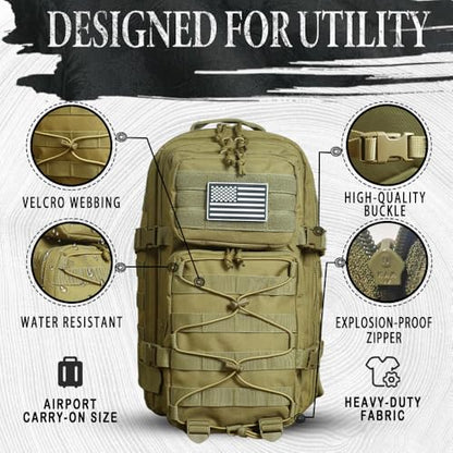 Military Tactical Backpack for Men Army 1 Day Assault Pack Molle Bag Bug Out Bag 26L - color: Khaki, size: 26L