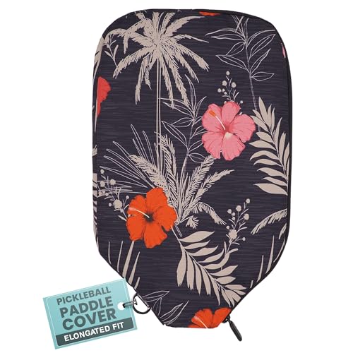 Palms-O-Aces Pickleball Paddle Cover | Canvas Padded Pickleball Paddles Sleeve with Zipper | Lightweight Protective Paddle Case for Standard Paddles | Paddle Cover Accessory - color: Hibiscus Charcoal, size: Elongated - 12.75" x 8"