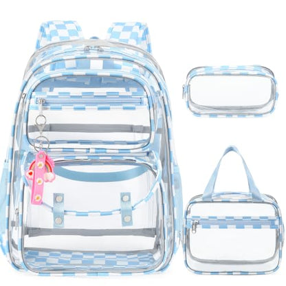 ACESAK Clear Backpack for Girls - 3 Pcs Clear Backpack Heavy Duty with Lunch Bag - See Through Bookbag Stadium Approved for Kids Middle High College School(Blue Checkerboard) - color: Blue Checkerboard