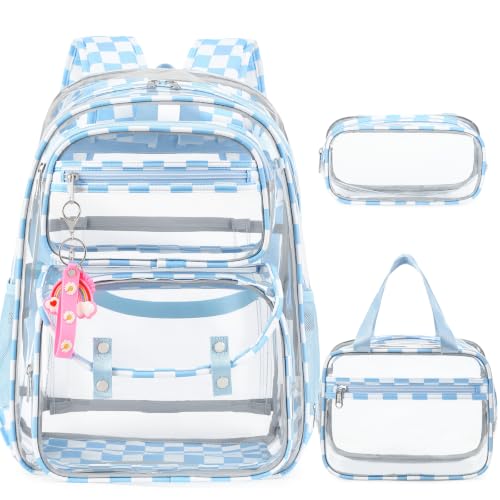 ACESAK Clear Backpack for Girls - 3 Pcs Clear Backpack Heavy Duty with Lunch Bag - See Through Bookbag Stadium Approved for Kids Middle High College School(Blue Checkerboard) - color: Blue Checkerboard