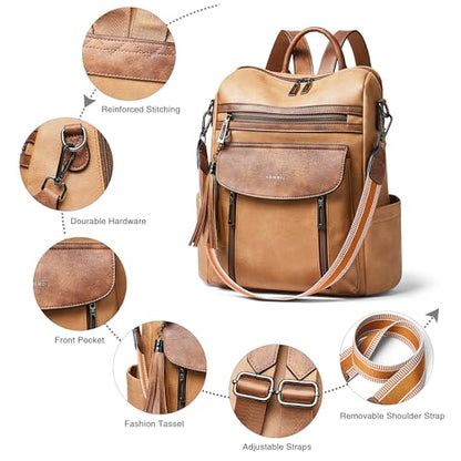 Shrrie Backpack Purse for Women Fashion Leather Backpack Purse Designer Travel Backpack Convertible Shoulder Bag with Wristlet - color: 2-6 Camel With Brown