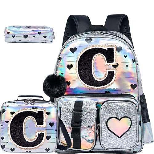 HTgroce Backpacks for Girls School Bag Kids Black Bookbag for Elementary Students Kids Backpack with Lunch Box and Pencil Case - color: Silver, style: C