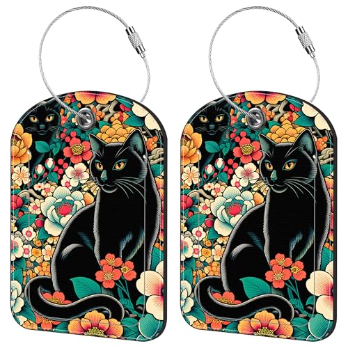 2 Pack Cute Luggage Tag for Suitcases Black Cat and Flower Leather Luggage Tags with Stainless Steel Loop Privacy Flap Name Tags,Men and Women Travel Bag Suitcase Tags - color: Black Cat and Flower