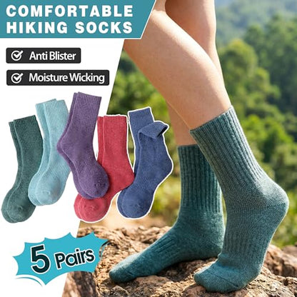 MOGGEI 5 Pairs Womens Merino Wool Socks Hiking Warm Winter Thick Thermal Crew Cozy Cabin Ladies Gift Comfy Boot Work Socks - color: Purple/Blue/Red/Green