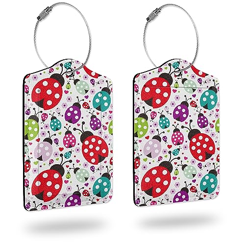 Luggage Tags for Suitcase,2 Pack Colorful Ladybug Insect Flower Leather Travel Cruise Luggage Tag with Privacy Flap,Name ID Label and Metal Loop for Women Girls Suitcase Backpack - color: Colorful Ladybug Insect Flower