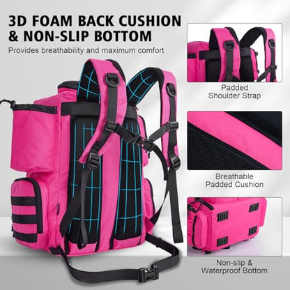 Goture Fishing Backpack, 900D Water-Resistant Tackle Backpack with Rod Holders, 45L Large Fishing Bag Storage Gear Tackle Bag with 8 Lure Pockets, Rain Cover for Camping Hiking(Without Tackle Box) - color: 45L Pink with 8 Lure Pockets